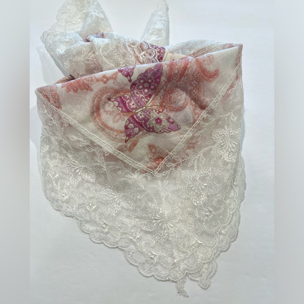 LANCETTI VTG Handkerchief Scarf Floral Butterfly Lace Paisley Women Square 28” - Picture 2 of 10
